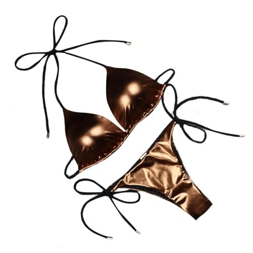 WOYUANSHA Bikini Badeanzug Damen Frauen Bikini Set Glatte Oberfläche Reflektierende Gepolsterte Draht Frei Rücken Frei Frauen Bademode L Kaffee von WOYUANSHA