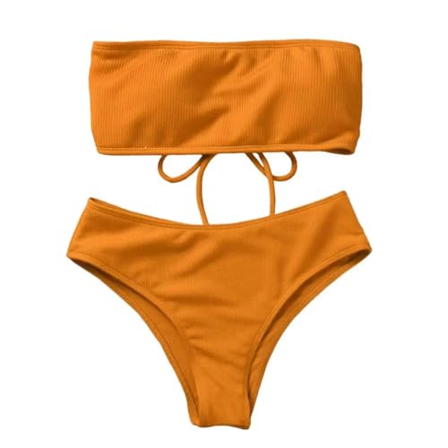 WOYUANSHA Bikini Badeanzug Damen Gemütlicher Badeanzug Gepolsterter BH Damen Bademode Mit Brust Unterlage Schwimmen Bandeau Badehose Split Bikini Set S Orange Gelb von WOYUANSHA