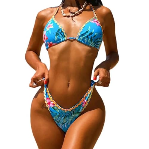 WOYUANSHA Bikini Badeanzug Damen Geteilte Bikini-Blumen Druck Schnürung Sexy Rücken Freie Ärmellose Bade Bekleidung Zum Schwimmen S Blau von WOYUANSHA