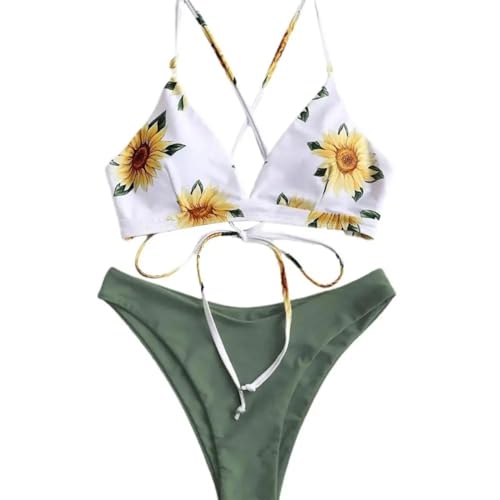 WOYUANSHA Bikini Badeanzug Damen Rücken Freie Badeanzug-Krawatten Gürtel Split-Print Bademode Für Strand XL Grün von WOYUANSHA