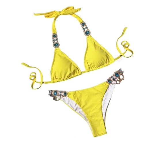 WOYUANSHA Bikini Badeanzug Damen Sexy Bikini Set Druck Halter BH Strass Steine Kette Slips Set Push Up Badeanzug S Gelb WOYUANSHA Bikini Badeanzug Damen Sexy Bikini Set Druck Halter BH Strass Steine Kette Slips Set Push Up Badeanzug S Gelb von WOYUANSHA