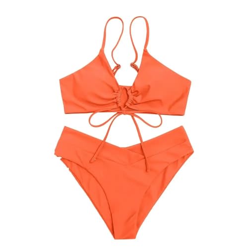WOYUANSHA Bikini Badeanzug Damen Sexy Bikini Set Sling Gepolsterte BH Mit Hoher Taille Slips Set Einfarbig Geteiltes Design Bademode S Orange von WOYUANSHA