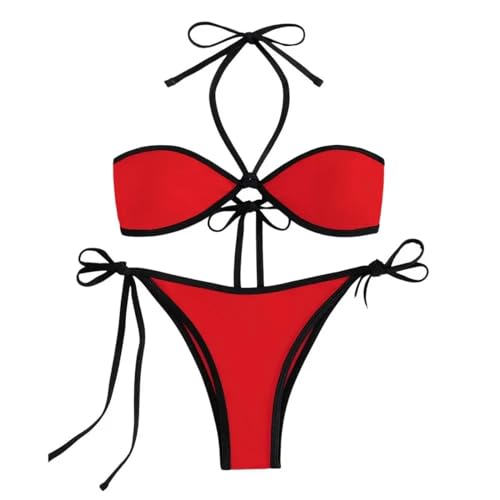WOYUANSHA Bikini Badeanzug Damen Urlaub Badeanzug Sexy Badeanzug Kontrast Farbe Schnürung Bikini-Set Mit Spaghetti Gurt Hals Für Frauen Für Surfen XL Rot von WOYUANSHA