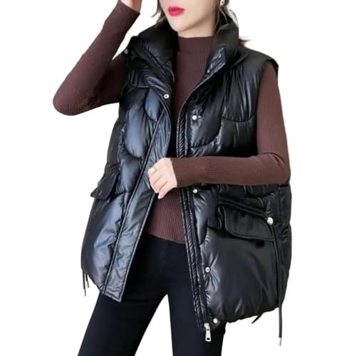 WOYUANSHA Daunenjacken Coat Damen Loose Fit Weste Ständer Kragen Ärmelloser Reiß Verschluss Weste Baumwolle Gepolsterte Kleidung L Schwarz von WOYUANSHA