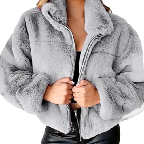 WOYUANSHA Daunenjacken Coat Damen Plüsch Reiß Verschluss Stilvolle Gemütliche Trendy Elegante Solid Farbe Mantel M Grau von WOYUANSHA