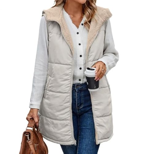 WOYUANSHA Daunenjacken Coat Damen Reversible Weste Mantel Kapuze Ärmelloses Futter Jacke Mittellange Weste Lange Warme Oberbekleidung L Light Khaki von WOYUANSHA