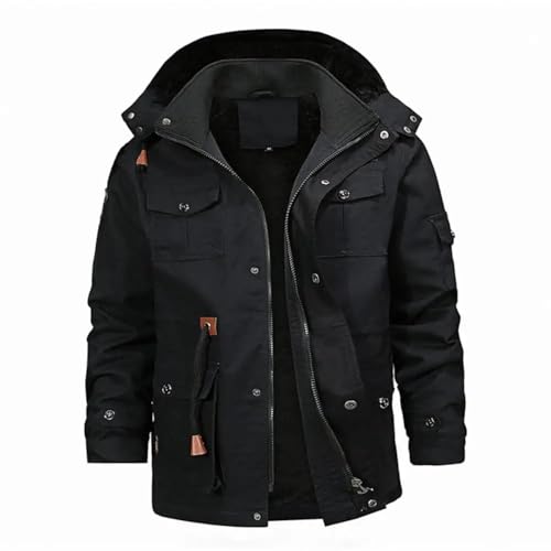 WOYUANSHA Daunenjacken Coat Herren Jacke Mantel Abnehmbarer Kapuzen-Ständer Kragen Langarm Herren Mantel Futter Multi Taschen Reiß Verschluss Placket Outwear L Schwarz von WOYUANSHA