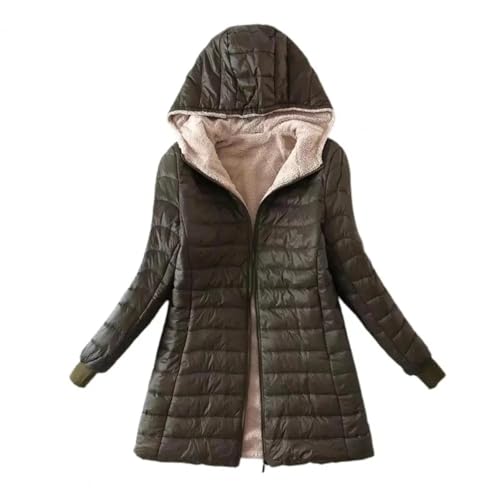 WOYUANSHA Daunenjacken Coat Plüsch Futter Kapuzen Mantel Jacke Reiß Verschluss Slim Halten Sie Warm Lässig Mittellange Damen Bekleidung XL Army Green von WOYUANSHA