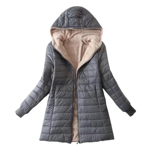 WOYUANSHA Daunenjacken Coat Plüsch Futter Kapuzen Mantel Jacke Reiß Verschluss Slim Halten Sie Warm Lässig Mittellange Damen Bekleidung XXL Grau von WOYUANSHA