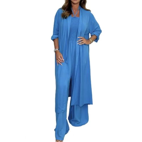 WOYUANSHA Jumpsuits Body Bodysuit 2 Teile/Satz Frauen Jumps Uit Mantel Set Einfarbig Halfter Hals Ärmel Los Plissee Weite Bein Jumps Uit Strickjacke Schal Set XXL Blau von WOYUANSHA