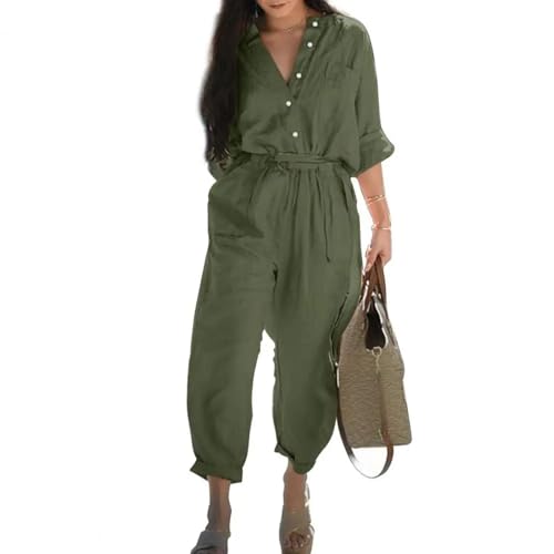 WOYUANSHA Jumpsuits Body Bodysuit Beliebt Cargo Jumps Uit Bequem Damen 3/4-Ärmel Arbeits Overall Multi-Taschen Gürtel Spiel Anzug Damen Outfit L Grün von WOYUANSHA