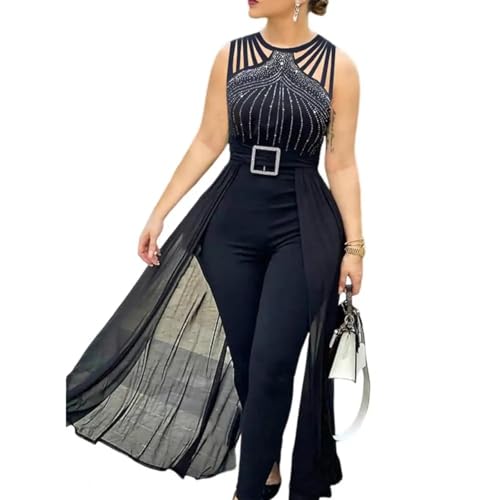 WOYUANSHA Jumpsuits Body Bodysuit Damen Jumps Uit Ausgehöhltes Strass Schnallen Dekor Mesh Party Jumps Uit Patchwork Mit Hoher Taille Ärmelloser Overall XXL Schwarz von WOYUANSHA