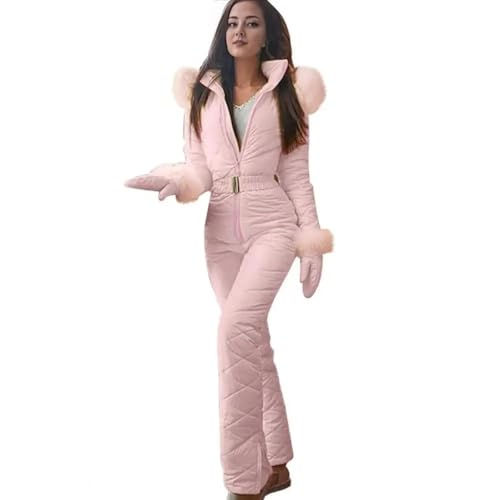 WOYUANSHA Jumpsuits Body Bodysuit Damen Jumps Uit Mit Handschuhen Verdickte Elastische Taille Gepolstert Kapuzen-Schnee Anzug Wasserdicht Reiß Verschluss Outdoor Ski Outfit XXL Pink von WOYUANSHA