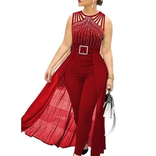 WOYUANSHA Jumpsuits Body Bodysuit Damen Jumps Uit Mit Hohler Strass-Schnalle Dekor Mesh Party Jumps Uit Patchwork Mit Hoher Taille Ärmelloser Overall XXL Rot von WOYUANSHA