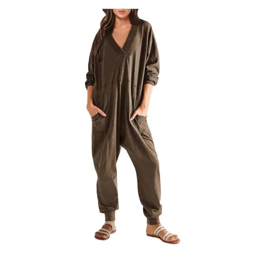 WOYUANSHA Jumpsuits Body Bodysuit Damen Jumps Uit Mit V-Ausschnitt Langarm Lose Übergroße Overall Taschen Deep Crotch Baggy Soft Lady Pyjama XL Braun von WOYUANSHA