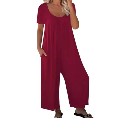 WOYUANSHA Jumpsuits Body Bodysuit Damen Jumps Uit O Hals Weite Bein Deep Crotch Lose Seiten Taschen Pullover Lässig Täglich Tragen Knöchel Länge Jumps Uit M WineRed von WOYUANSHA