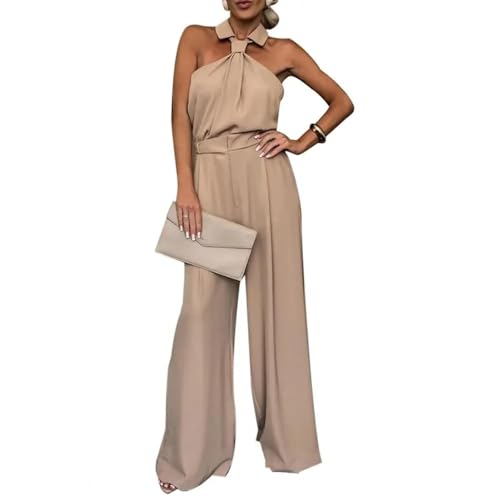 WOYUANSHA Jumpsuits Body Bodysuit Damen Jumps Uit Schulter Frei Schulter Ärmel Los Body Suits Hohe Taille Weites Bein Einfarbig Urlaub Strand Jumps Uit M Camel von WOYUANSHA