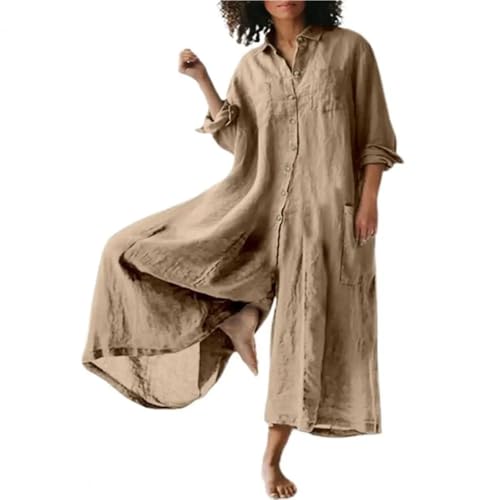 WOYUANSHA Jumpsuits Body Bodysuit Damen Jumps Uit Turndown Kragen Lose Baumwolle Leinen Atmungsaktive Freizeit Breite Beine Hosen Lange Stram Pler Täglich Kleidung 3XL Khaki von WOYUANSHA