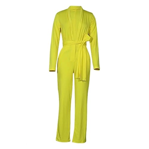 WOYUANSHA Jumpsuits Body Bodysuit Damen-Jumps Uits Mit V-Ausschnitt Voll Ärmel Ige Stram Pler Einfarbig Lange Hose Elegante Büro-Dame XL Gelb von WOYUANSHA