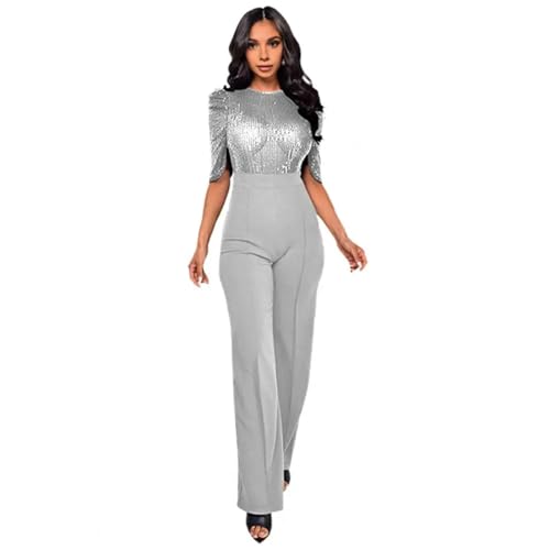 WOYUANSHA Jumpsuits Body Bodysuit Damen O-Ausschnitt Jumps Uit Elegantes Pailletten-Spleißen Damen-Jumps Uit Mit O-Ausschnitt Mit Halben Ärmeln Schlanke Taille Für Damen Für Casual XXL Silver White von WOYUANSHA