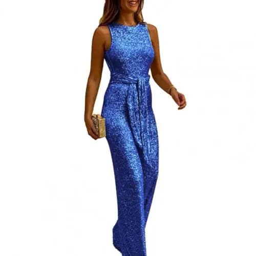 WOYUANSHA Jumpsuits Body Bodysuit Damen-Overall Mit Pailletten Und Schnürung Mit Breitem Bein Eleganter Rücken Loser Rundhals Ärmel Loser Stram Pler Lange Hosen Damen-Freizeit Kleidung M Blau von WOYUANSHA