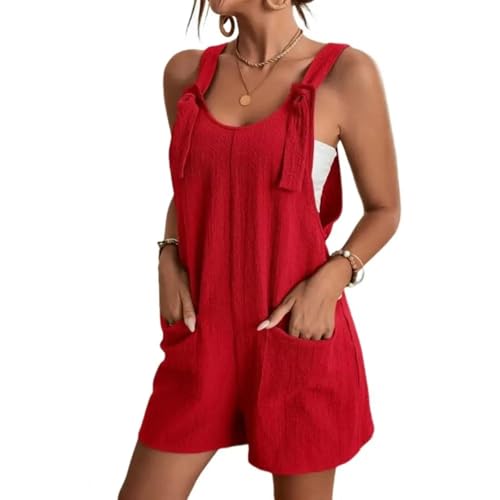 WOYUANSHA Jumpsuits Body Bodysuit Damen-Overall-Taschen Mit Kurzen Overalls Ärmel Los Krawatten Stram Pler Einfarbig Mit Weitem Bein Jumps Uit M Rot von WOYUANSHA