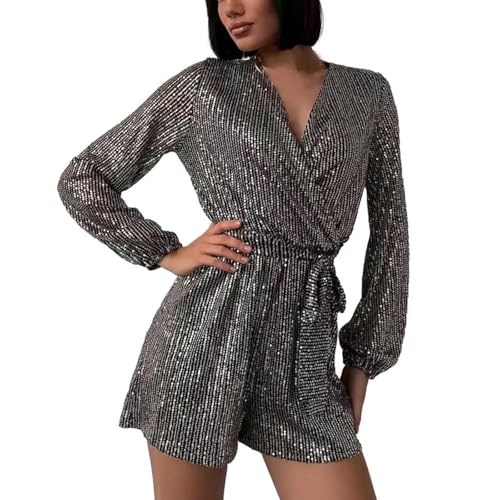 WOYUANSHA Jumpsuits Body Bodysuit Damen Stram Pler Deep V-Ausschnitt Pailletten Mit Engem Gürtel Stram Pler Lange Laternen Hülse Über Dem Knie Länge Club Party Mini Stram Pler S Silber von WOYUANSHA