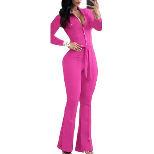 WOYUANSHA Jumpsuits Body Bodysuit Einfarbiger Jumps Uit Damen Jumps Uit Eleganter Damen Hohe Taille Jumps Uit Ausgeblasene Manschette Slim Fit Gürtel Einfarbig L Rosered von WOYUANSHA