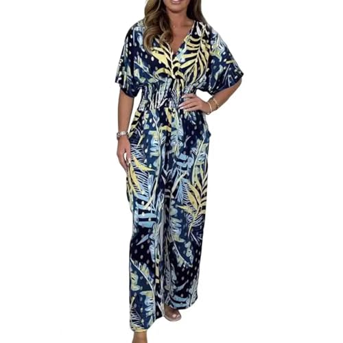 WOYUANSHA Jumpsuits Body Bodysuit Elastische Taille Jumps Uit Stilvolle Damen-Blumen Druck Jumps Uits Mit V-Ausschnitt Stram Pler Elastische Hose Mit Hoher Taille Mit Weitem Bein Für Strand 3XL Blau von WOYUANSHA