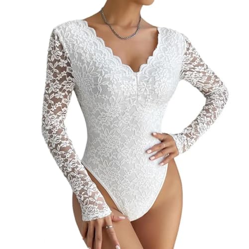 WOYUANSHA Jumpsuits Body Bodysuit Frauen Bodysuit Blume Stickerei Spitze Elastisch Durchsichtigen Damen Kleidung Lang Ärmelig Schlank Fit Weich Atmungsaktiv Spiel Anzug S Weiß von WOYUANSHA