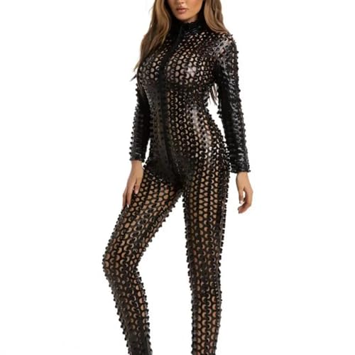 WOYUANSHA Jumpsuits Body Bodysuit Frauen Jumps Uit Hohles Loch Einfarbig Dünn Schlank Weich Elastisch Lang Ärmelig Tanz-Stage-Jumps Uit 3XL Schwarz von WOYUANSHA