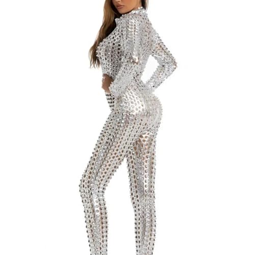 WOYUANSHA Jumpsuits Body Bodysuit Frauen Jumps Uit Hohles Loch Einfarbig Dünn Schlank Weich Elastisch Lang Ärmelig Tanz-Stage-Jumps Uit L Silber von WOYUANSHA