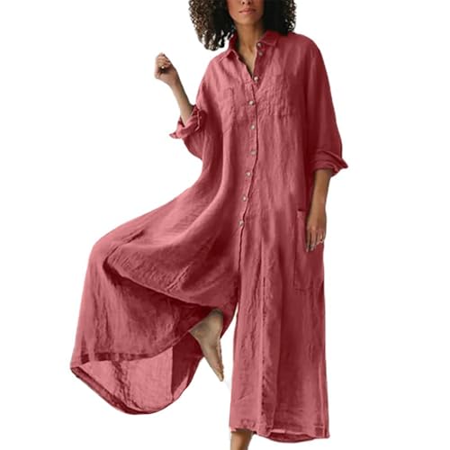 WOYUANSHA Jumpsuits Body Bodysuit Frauen Jumps Uit Lässig Lose Lange Ärmel Overs IZE Solid Jumps Uit Baumwolle Leinen Kleider Für Frauen XXL Pink von WOYUANSHA