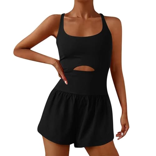 WOYUANSHA Jumpsuits Body Bodysuit Frauen Sport Stram Pler Ärmel Los Hohl Gefaltete Shorts Slim Fit Cross Back Yoga Jogging Stram Pler XXL Schwarz von WOYUANSHA