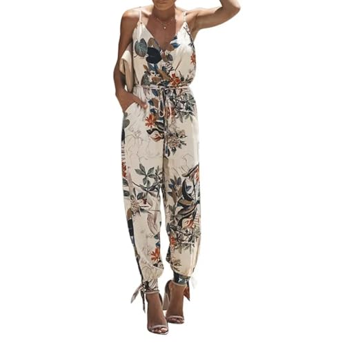 WOYUANSHA Jumpsuits Body Bodysuit Frauen Urlaub Freizeit Ärmellose Overalls Rücken Lose Damen Boho Bodysuit Lose Tiefe V-Strap Overalls Für Frauen M Beige von WOYUANSHA