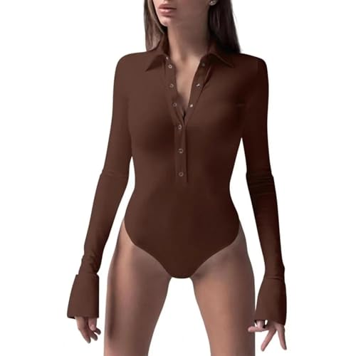 WOYUANSHA Jumpsuits Body Bodysuit Halb Einreihiger Bodysuit Styli Scher Damen-Spiel Anzug Mit Umklappbare Kragen Schlank-Fit-Design Einfarbig Lang Für Lässig M-Kaffee von WOYUANSHA