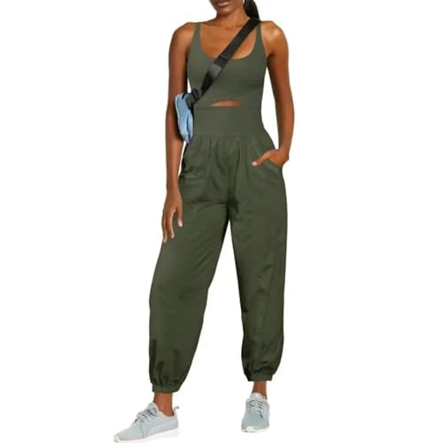 WOYUANSHA Jumpsuits Body Bodysuit Hohl Aus Kreuz Rücken Frauen Rücken Frei Einfarbig Ärmelloser Overall Insgesamt Lätzchen Streetwear Für Yoga L ArmyGreen von WOYUANSHA