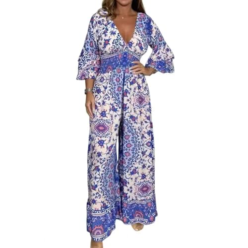 WOYUANSHA Jumpsuits Body Bodysuit Jumps Uit Bohemian Ethnischer Druck Mit Weitem Bein Jumps Uit Mittel Ärmel Ige Rüsche Patchwork Hohe Taille In Voller Länge Jumps Uit L Blau von WOYUANSHA