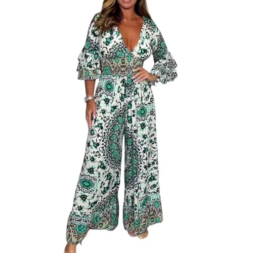 WOYUANSHA Jumpsuits Body Bodysuit Jumps Uit Bohemian Ethnischer Druck Mit Weitem Bein Jumps Uit Mittel Ärmel Ige Rüsche Patchwork Hohe Taille In Voller Länge Langer Overall M Grün von WOYUANSHA