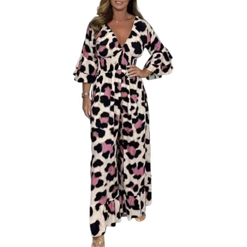 WOYUANSHA Jumpsuits Body Bodysuit Jumps Uit Mit Leoparden Muster Jumps Uit Mit Weitem Bein Mit Mittlerem Ärmel Hohe Taille Lose Volle Länge Prom Party Langer Overall M Pink von WOYUANSHA