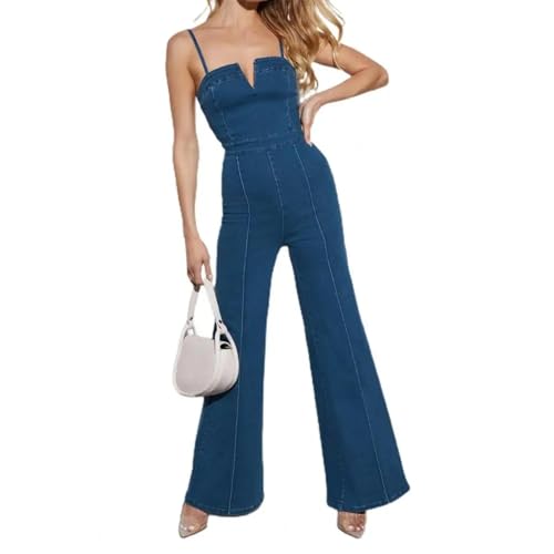 WOYUANSHA Jumpsuits Body Bodysuit Jumpsuit V-Ausschnitt Ärmellos Rückenlos Breites Bein Ausgestellter Denim Jumpsuit High Taille Strap Back Zip Closure Jumpsuit M Blau von WOYUANSHA