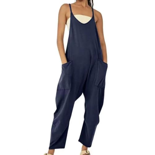 WOYUANSHA Jumpsuits Body Bodysuit Lässige Lockere Overall Damen Lange Camis Feste Baumwolle Leinen Gurt Weite Bein Hose Lätzchen Overalls Ärmel Los Overall M Navyblue von WOYUANSHA