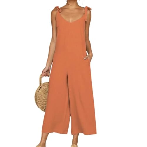 WOYUANSHA Jumpsuits Body Bodysuit Loser Lässiger Overall Für Damen Ärmellose Stram Pler O-Ausschnitt Solide Rücken Freie Overalls Hose Mit Weitem Bein Kurz Geschnittene Hosen M Orange von WOYUANSHA