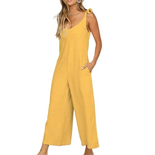 WOYUANSHA Jumpsuits Body Bodysuit Loser Lässiger Overall Für Damen Ärmellose Stram Pler O-Ausschnitt Solide Rücken Freie Overalls Hose Mit Weitem Bein Kurz XXL-Gelb von WOYUANSHA