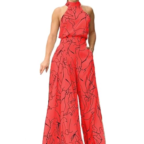 WOYUANSHA Jumpsuits Body Bodysuit Outfit Halter Schnürung Frauen Jumps Uit Hohe Taille Unregelmäßige Linie Druck Spiel Anzug Übergroße Breite Bein Lange Stram Pler L Rot von WOYUANSHA