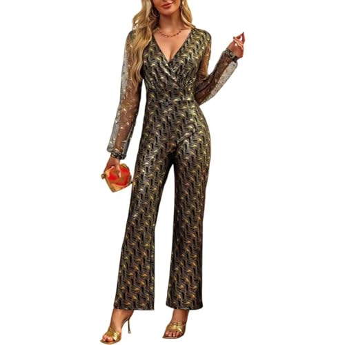 WOYUANSHA Jumpsuits Body Bodysuit Pailletten Jumps Uit Elegante Rose Pailletten Party Jumps Uit Mit Geometrischen Mesh-Ärmeln Für Frauen Slim Fit Hohe Taille Formal Anlass S D von WOYUANSHA