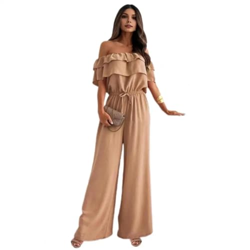 WOYUANSHA Jumpsuits Body Bodysuit Rücken Lose Frauen Jumps Uit Elegant Schulter Frei Rüschen Jumps Uit Chic Weite Bein Kordel Zug Taille Rücken Frei S Khaki von WOYUANSHA