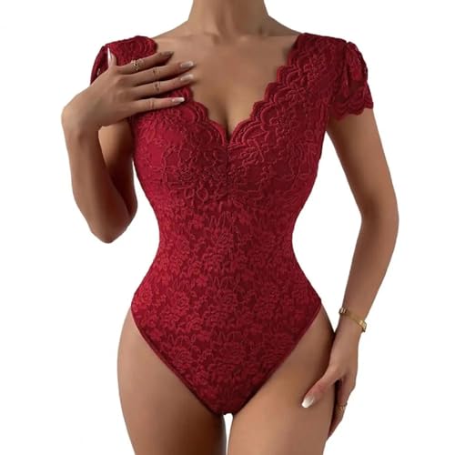 WOYUANSHA Jumpsuits Body Bodysuit Sexy V-Ausschnitt Rücken Lose Body Suits Solid Weiß Spitze Körper Kurzarm Streetwear Club Slim Jumps Uit L WineRed von WOYUANSHA