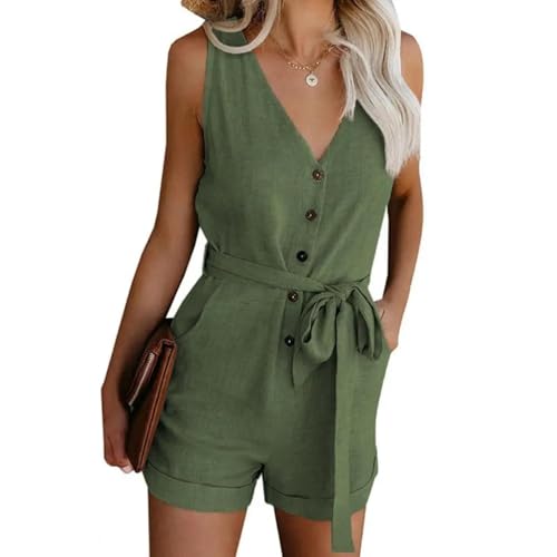 WOYUANSHA Jumpsuits Body Bodysuit Stram Pler Mit Hoher Taille Schnürband Halb Einreihig Schlank Ärmel Los Strand Kurz Stram Pler M Grün von WOYUANSHA