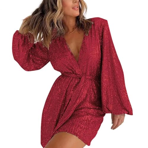 WOYUANSHA Jumpsuits Body Bodysuit Stram Pler Stram Pler Mit Tiefem V-Ausschnitt Pailletten Mit Engem Gürtel Stram Pler Lange Laternen Hülse Über Dem Knie Länge Club Party Mini Stram Pler XL Rot von WOYUANSHA